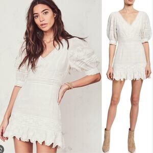 Loveshackfancy Lena White V-Neck Mini Dress w/ Embroidery